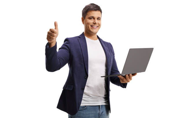 istock Cheerful young man holding an open laptop computer and showing thumbs up 1281154783