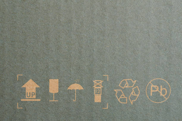 Transport signs on paper box close up view. Recycle paper label