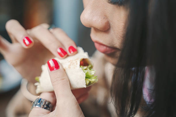 Taco, Tortilla, Hot sauce, Eating, Wrapped
