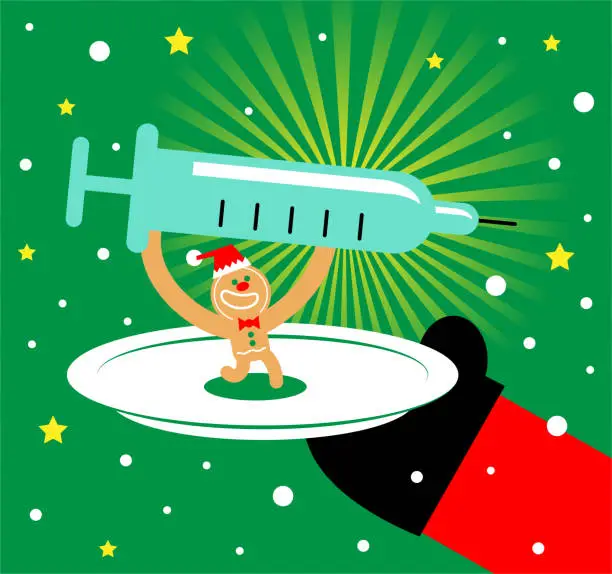 Vector illustration of Santa Claus is serving a plate with a gingerbread man that is holding new coronavirus vaccines (COVID-19 vaccine, Syringe)