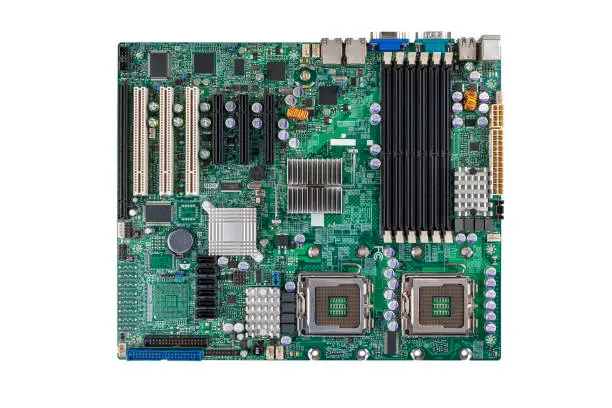 Photo of printed circuit motherboard for the server computer workstation, two-processor system isolated on a white background, computer Assembly and repair, selection of computer