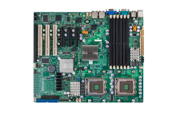 printed circuit motherboard for the server computer workstation, two-processor system isolated on a white background, computer assembly and repair, selection of computer - computer repairing work tool clipping path imagens e fotografias de stock