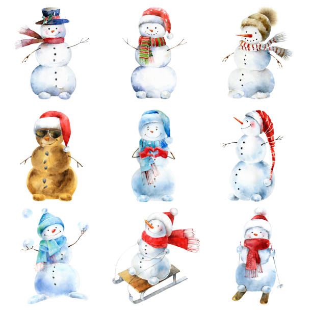 Watercolor set of snowmen on white background Big beautiful New Year set of merry snowmen isolated on white background. Watercolor clip art for Christmas projects december clipart pictures stock illustrations