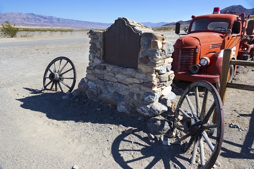 Death Valley, California, USA - February 2, 2019: Burned Wagons Point Monument at Stovepipe Wells Village.  Forty-Niners Gold Seekers burned their wagons here in 1849 and struggled westward on foot.