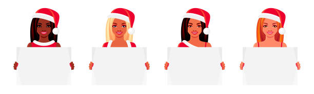 illustrations, cliparts, dessins animés et icônes de filles afro-américaines et européennes dans des chapeaux de père noël retenant des affiches vides - black background adult santa claus caucasian