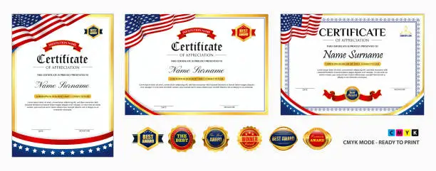 Vector illustration of set of Diploma certificate template with luxury and glamour style, or certificate with gold badge, or Diploma certificate template with USA flag wave theme . eps vector cmyk mode.