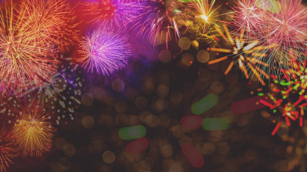 istock Fireworks at New Year and copy space, abstract holiday backgroun 1281167214
