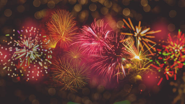 istock Fireworks at New Year and copy space, abstract holiday backgroun 1281167250