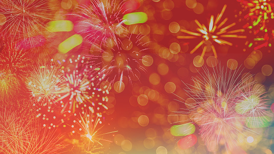 Fireworks at New Year and copy space, abstract holiday background.