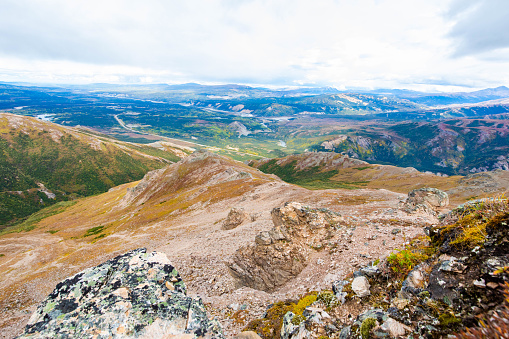 Scenic aerial view of McKinley Park from the top of Mount Healy Bison Gulch trail in Alaska