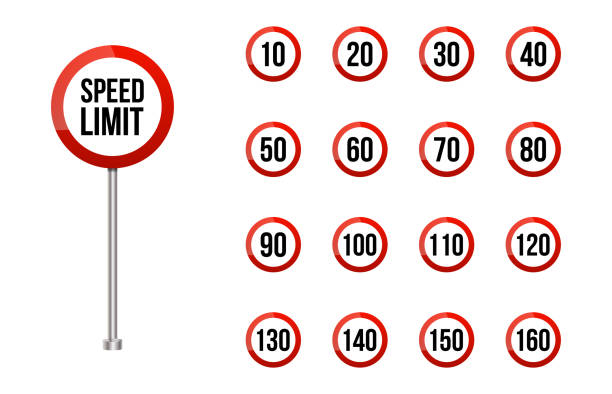 istock Speed limitation road sign set.Rounded road speed limit signs set isolated on white. Realistic red road sign set. 1281167385