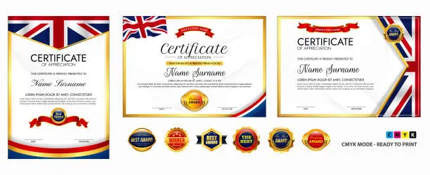 Vector illustration of set of Diploma certificate template with luxury and glamour style, or certificate with gold badge, or Diploma certificate template with  UK flag wave theme . eps vector cmyk mode.