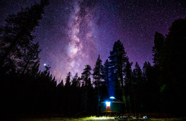 Milky Way over a Yurt in Lassen National Forest stock photo
