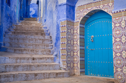 Blue street in old town (medina) of Chefchaouen, Morocco.