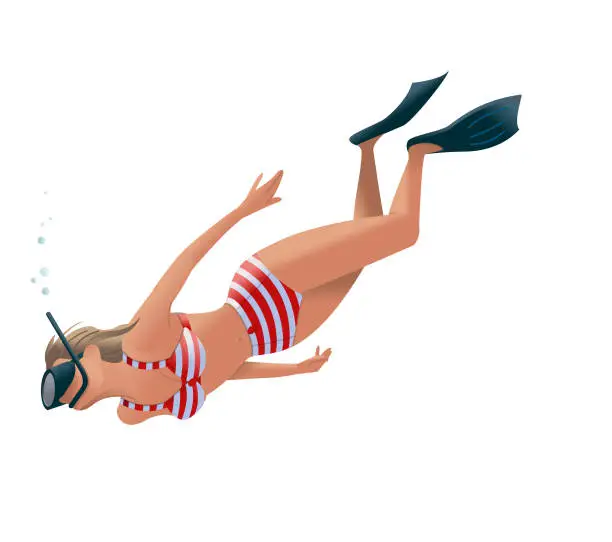 Vector illustration of Free diving woman with snorkel on white background