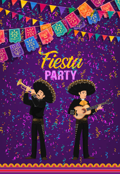 Cinco de Mayo party cartoon vector poster Cinco de Mayo fiesta party vector poster. Mariachi band of mexican musicians in sombrero and national costumes playing guitar and trumpet with flag garlands and confetti. Fiesta event cartoon card latin american and hispanic ethnicity stock illustrations