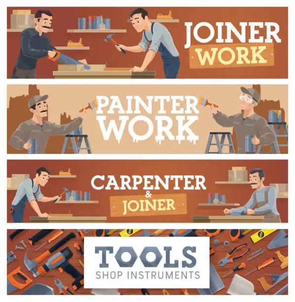 Vector illustration of Woodworking and painting, tools shop vector banner