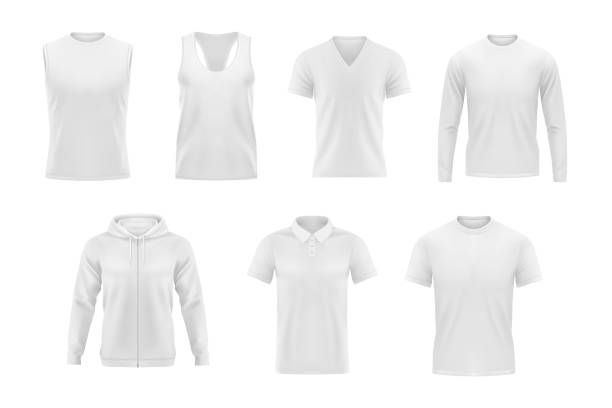 Men clothes vector tshirt, hoodie and polo shirt Men clothes vector tshirt, hoodie and polo shirt with singlet and longsleeve apparel mockup. Realistic 3d male garment and underwear white template. Blank clothing design, outfit isolated objects set t shirt stock illustrations