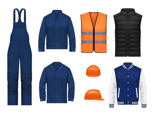Workwear uniform and worker clothesg, realistic Workwear uniform and worker clothes, vector realistic safety jackets and overall vests. Work wear clothing suits and outfit garments for construction and builders, hardhat helmet and pants mockups jumpsuit stock illustrations