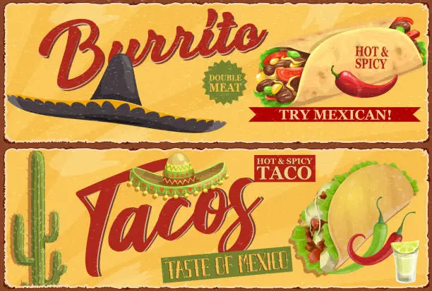 Vector illustration of Mexican burrito and tacos retro vector banners