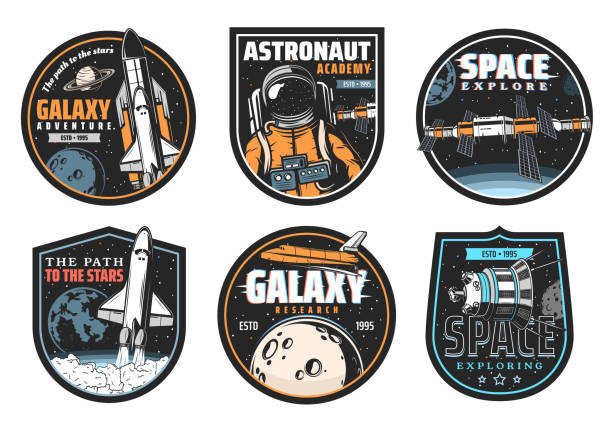 Galaxy research, space explore and astronaut icon Galaxy research, space explore and astronaut mission icons. Shuttle launch vehicle and orbiter flying in galaxy, satellite or telescope discovering planets and stars, space station module vector badge astronaut in outer space stock illustrations