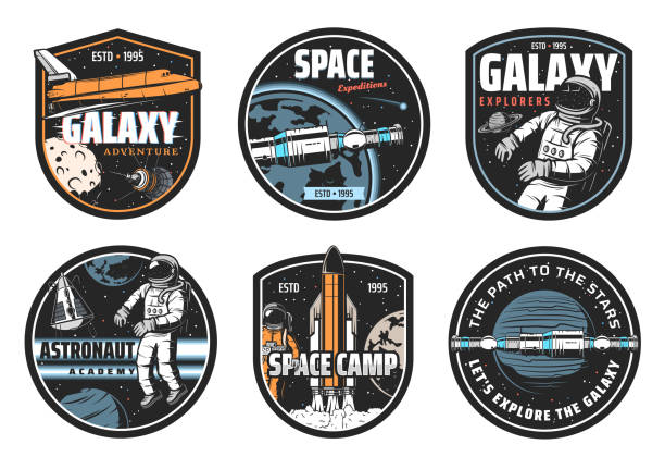 Galaxy explorer, space travel vector icon set Galaxy explorer, space travel and astronaut academy icons. Shuttle spaceship, space station on Earth orbit and astronaut in weightlessness, launching rocket and solar system planets vector emblem astronaut stock illustrations