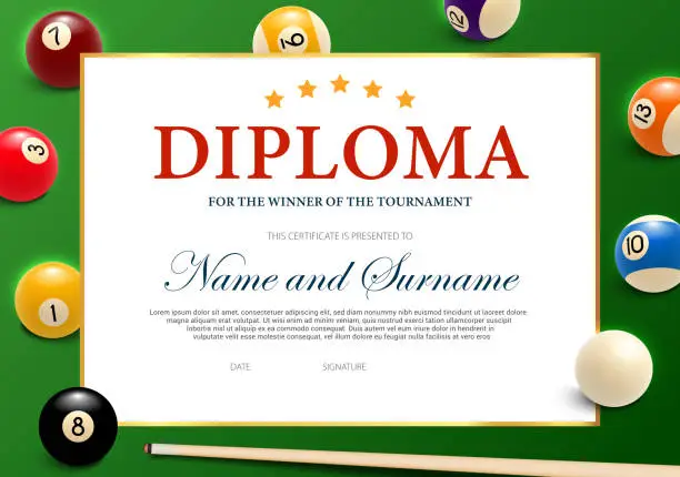 Vector illustration of Diploma for the winner of billiard tournament