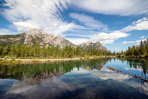 Mountain landscape reflected in Mt. Lorette Ponds in Alberta on a summer day