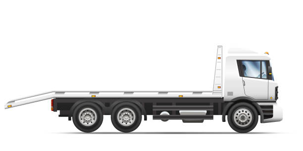 vektor-illustration eines gewerblichen transport-abschleppwagens. - truck semi truck vehicle trailer rear view stock-grafiken, -clipart, -cartoons und -symbole