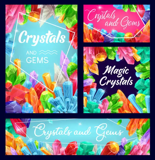 Vector illustration of Crystals, gemstones and gem stone vector minerals