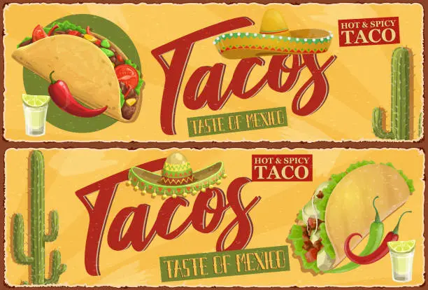 Vector illustration of Hot and spicy mexican tacos retro vector banner