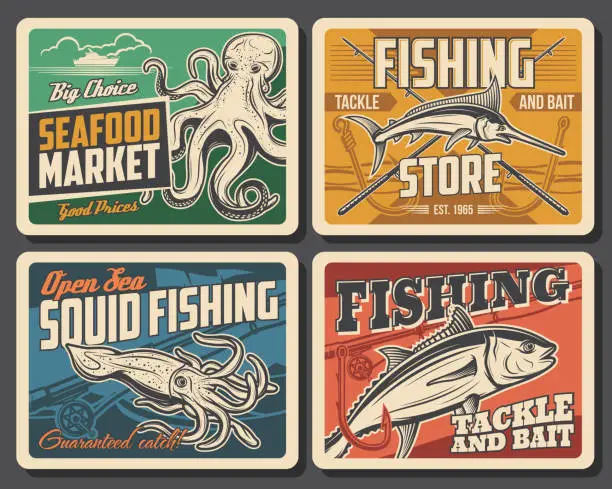 Vector illustration of Tuna fish, marlin, squid and octopus retro posters