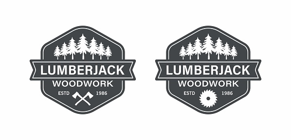 Vector illustration in vintage style for logo, emblem. Lumberjack logo. Woodworking.