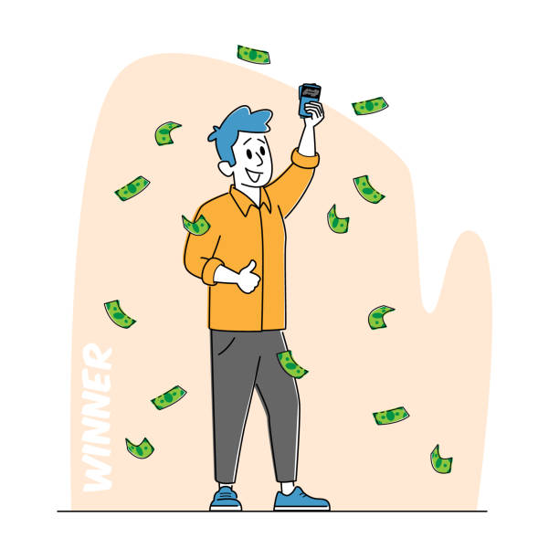 ilustrações de stock, clip art, desenhos animados e ícones de lottery winner male character stand under falling money rain with lucky tickets in hand. financial freedom concept - people gambling line art casino