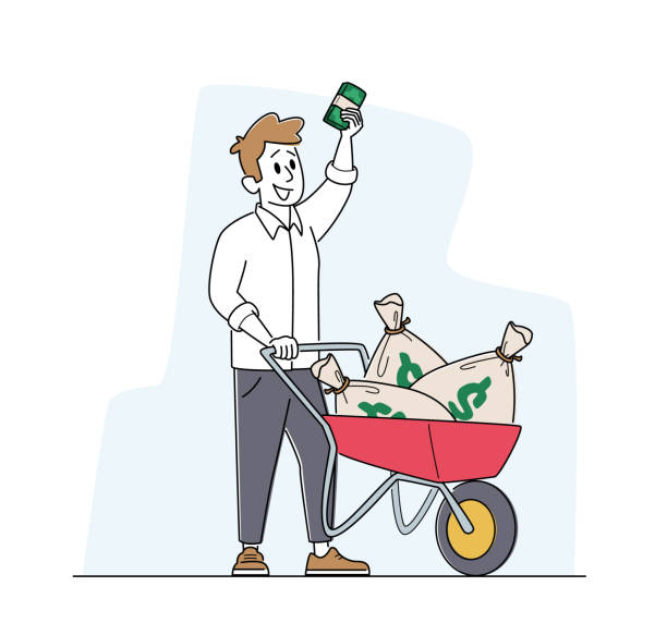 Rich Man with Wheelbarrow full of Dollar Sacks. Male Character Richness and Prosperity Concept. Successful Businessman Rich Man with Wheelbarrow full of Dollar Sacks. Male Character Richness, Wealth and Prosperity Concept. Successful Businessman, Investor or Lottery Winner with Money. Linear Vector Illustration sack barrow stock illustrations