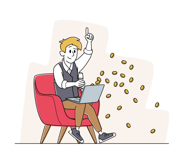 ilustrações de stock, clip art, desenhos animados e ícones de happy man sitting with laptop and wine glass in armchair celebrate win in online casino with money falling from screen - people gambling line art casino