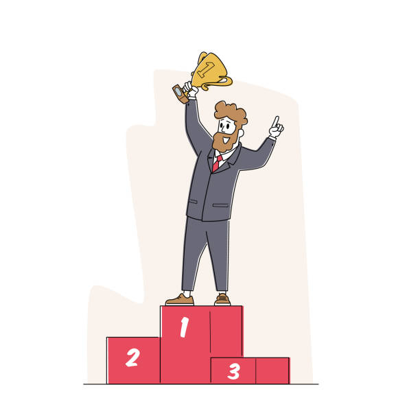 ゴールドゴブレットを手にした成功したビジネスマンキャラクターが、ナンバーワンのゴールデン表彰台に立ちます。目標達成 - pedestal gold podium capital点のイラスト素材／クリップアート素材／マンガ素材／アイコン素材