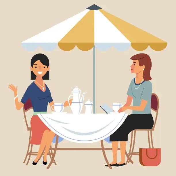 Vector illustration of two women seated outside on a lunch date