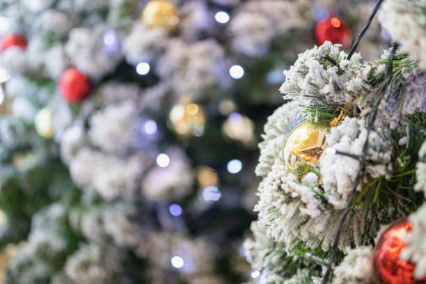 istock Decorated Christmas tree with ball New Year holidays background 1281176611