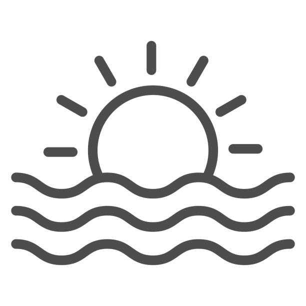 illustrations, cliparts, dessins animés et icônes de icône de ligne de vagues de soleil et de mer, concept de croisière de mer, signe de coucher de soleil sur fond blanc, icône de soleil et d’onde dans le modèle de contour pour le concept mobile et la conception web. graphiques vectoriels. - plage