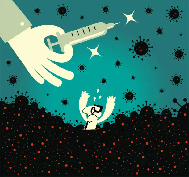 Vector illustration of Scientists (The big hand) develop a vaccine for COVID-19; To protect people from new coronavirus