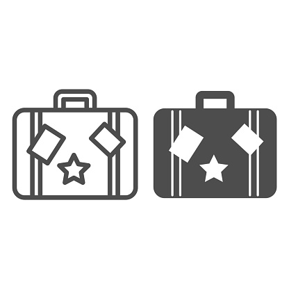 Travel bag line and solid icon, Sea cruise concept, vintage suitcase with stickers sign on white background, luggage icon in outline style for mobile concept and web design. Vector graphics