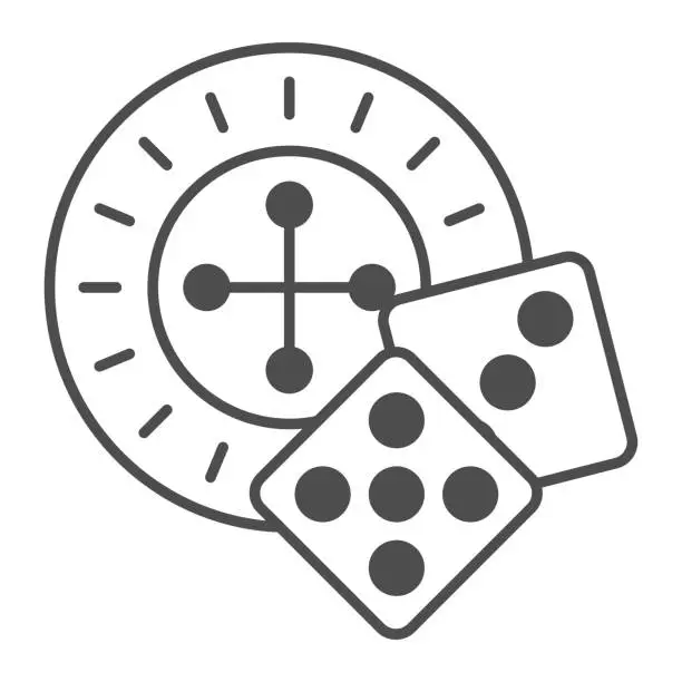 Vector illustration of Roulette and dice thin line icon, Sea cruise concept, casino sign on white background, Roulette with cubes icon in outline style for mobile concept and web design. Vector graphics.