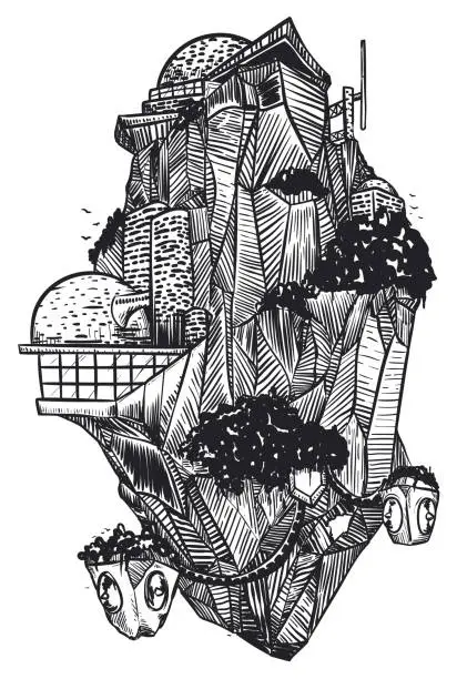 Vector illustration of Floating Rock with Buildings and Vegetation