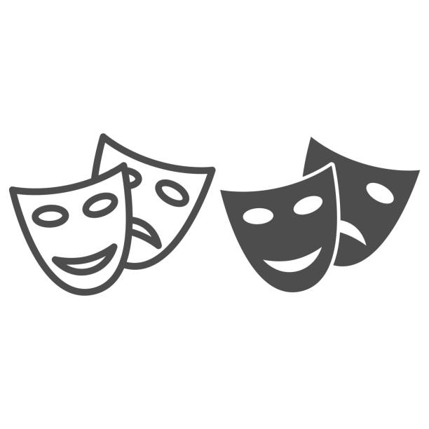 ilustraciones, imágenes clip art, dibujos animados e iconos de stock de línea de máscaras teatrales e icono sólido, concepto de crucero del mar, signo de mascarada sobre fondo blanco, icono de máscaras de teatro divertidos y tristes en estilo de esquema para el concepto móvil y el diseño web. gráficos vectoriales. - arte cultura y espectáculos