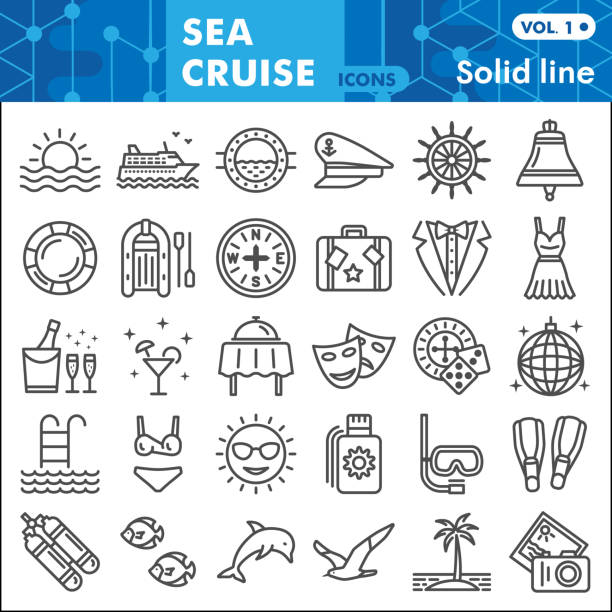 シークルーズラインアイコンセット、航海シンボルコレクションまたはスケッチ。webやアプリのための休暇や旅行の線形スタイルの看板。白い背景に分離されたベクターグラフィックス。 - nautical vessel yacht sign symbol点のイラスト素材／クリップアート素材／マンガ素材／アイコン素材