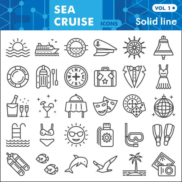 Vector illustration of Sea cruise line icon set, voyage symbols collection or sketches. Vacation and travel linear style signs for web and app. Vector graphics isolated on white background.