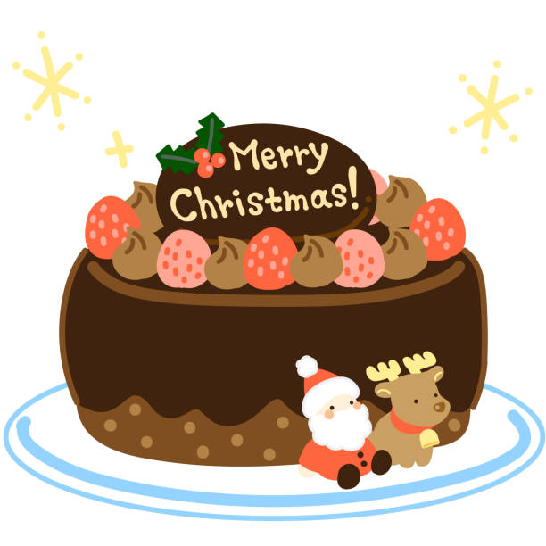 딸기 크리스마스 초콜릿 케이크 일러스트레이션 - christmas cake stock illustrations