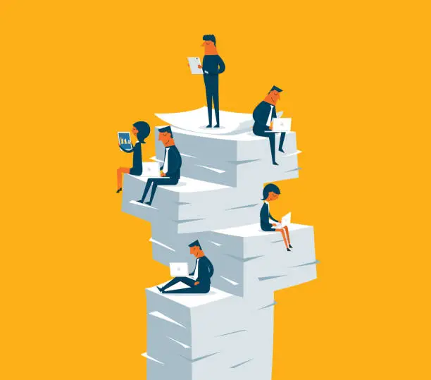 Vector illustration of Business people sitting on piles of documents working