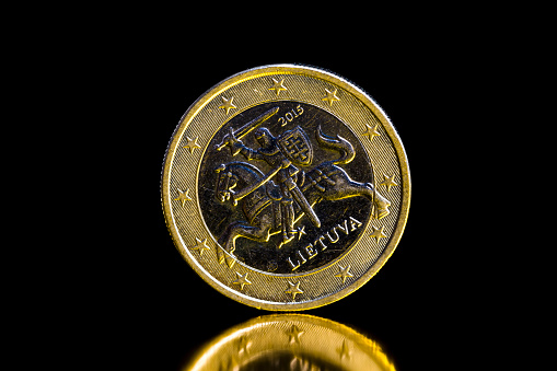 one coin close up, one Euro coin used in the European Union, freely convertible currency, not isolated, coins are in circulation and minted in Lithuania